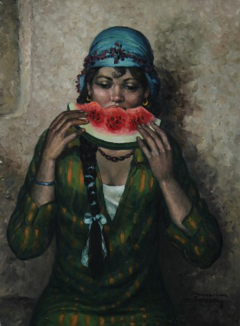 Mounir Faheem, Portræt af ung kvinde med vandmelon. Olie på lærred