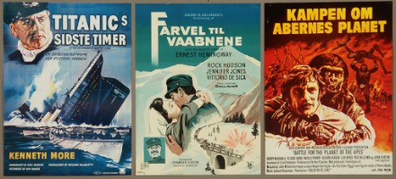 Tre filmplakater, 'Titanic's sidste timer', 'Farvel til våbnene' og 'Kampen om abernes planet' - Lauritz.com