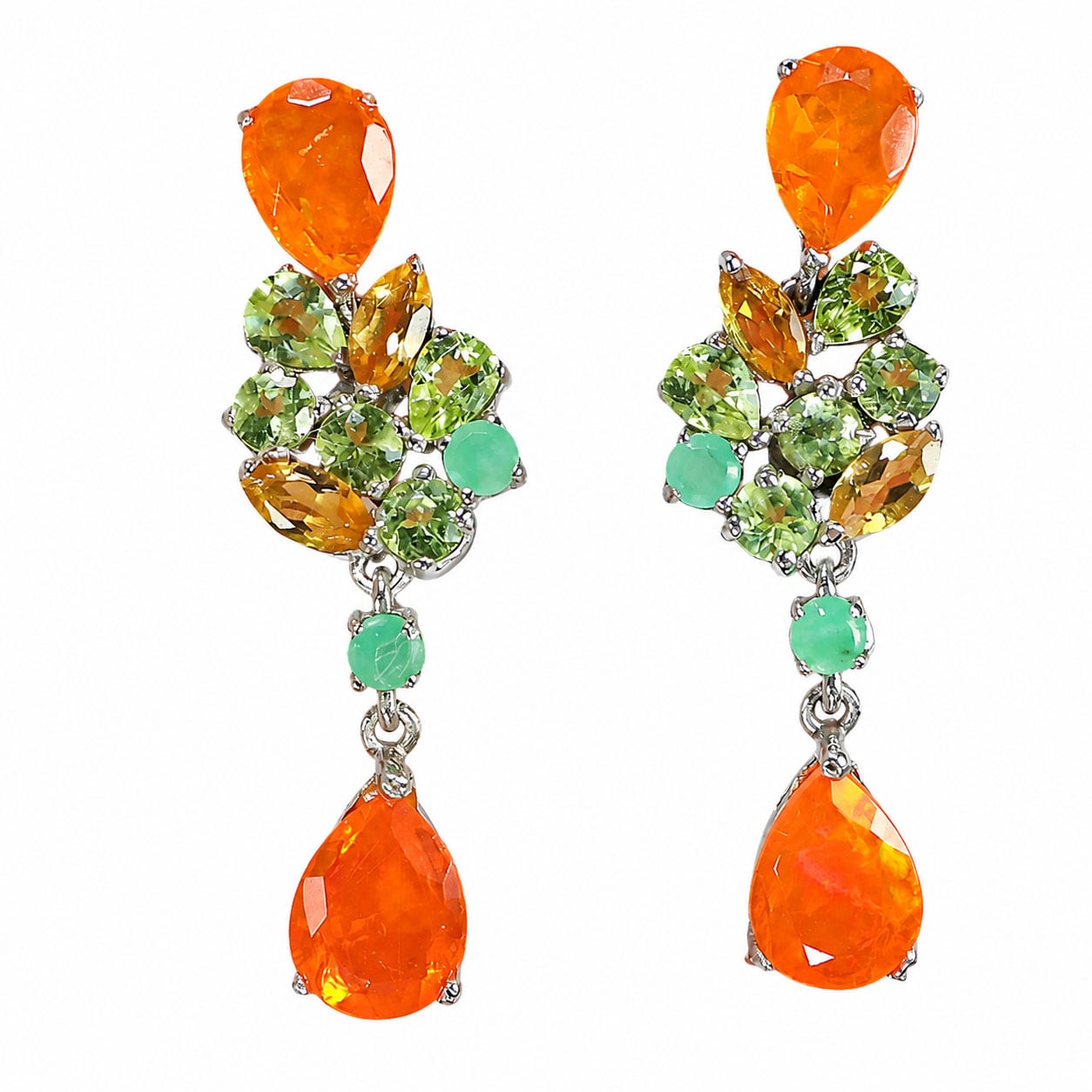 Earrings in rhodium-plated sterling silver with fire opals and numerous peridots, citrines and emeralds