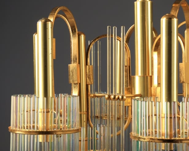 Gaetano Sciolari. Italian 9-arm chandelier from the 70s made of glass and brass