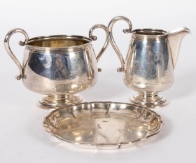 P. Hertz Silver cream jug and sugar bowl and tray. (3)