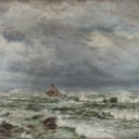 Andreas Riis Carstensen. Norwegian sloop in distress at the rocky coast. Oil on canvas