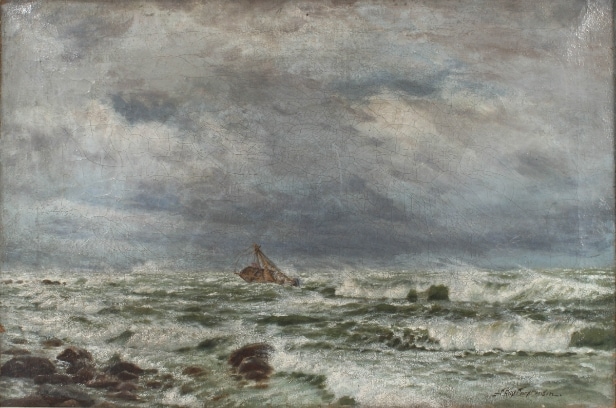Andreas Riis Carstensen. Norwegian sloop in distress at the rocky coast. Oil on canvas
