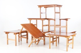 Hans. J. Wegner for Getama. Sæt på 9 spiseborde / arbejdsborde, af teak og eg (9)