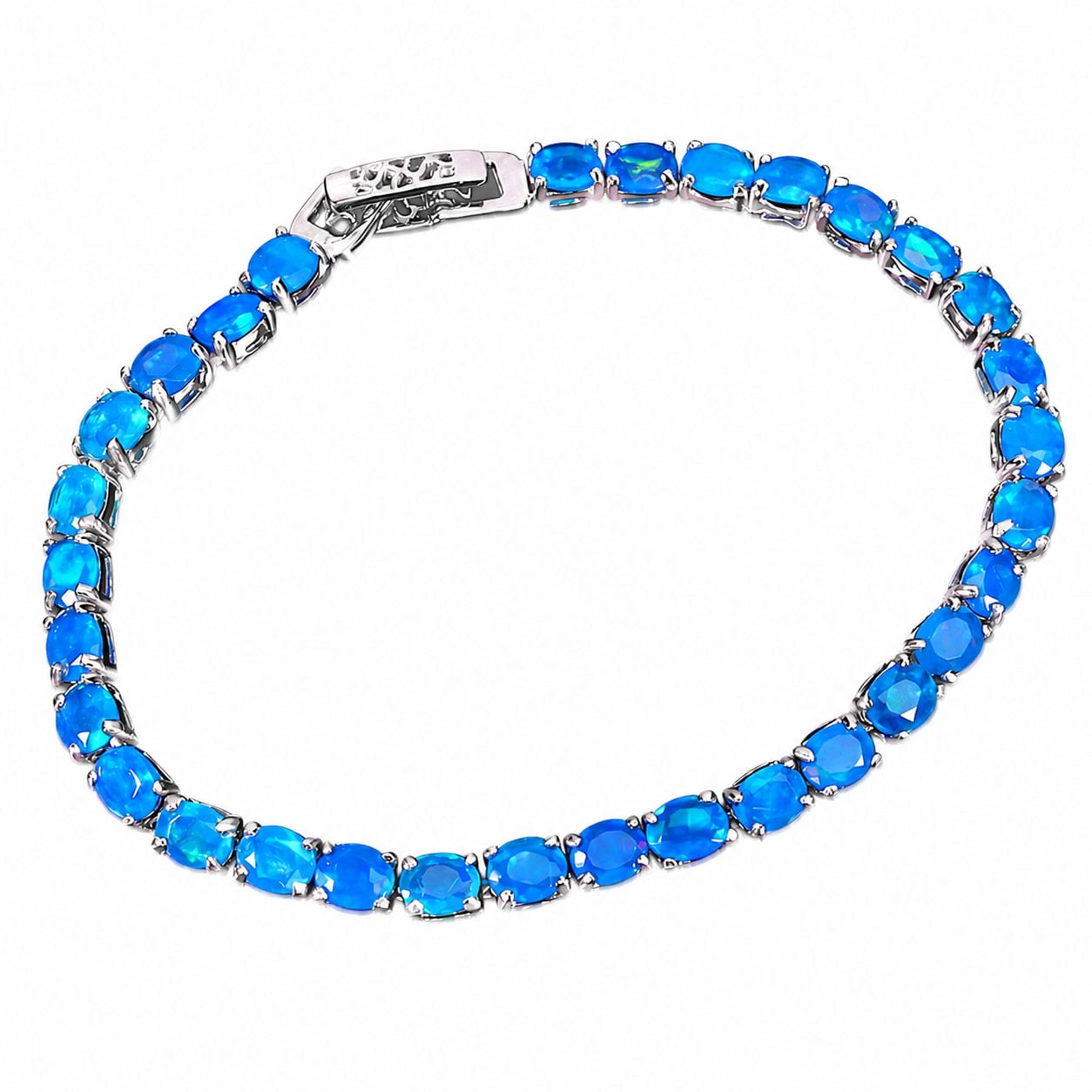 Opal bracelet in rhodium-plated sterling silver with numerous blue opals