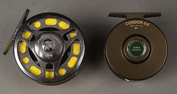 Samling fiskeudstyr: Fiskestang Hardy Ultralite, fluehjul JSB-Perfect Trout, fluehjul DMA-E Denmark (3)