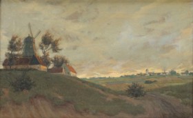 Unknown artist: Lot with churches and fields, oil on canvas