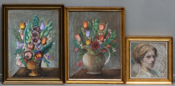 Niels Peter Bolt cd. Opstillinger med blomster samt portræt, pastel (3)