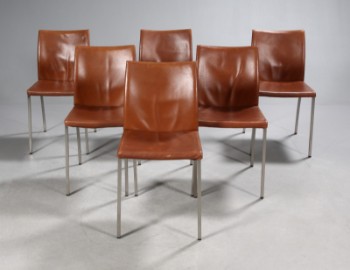 Møbelproducent. Spisestole med justerbar ryg, brunt læder. (6)