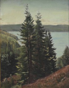 Christian Zacho (1843-1913): Morgenstemning, bakket fjordlandskab med nåletræer i forgrunden. 1887.