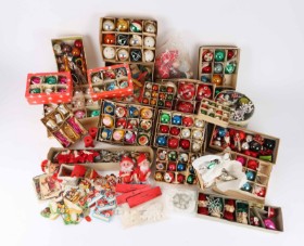 Larger collection of old Christmas decorations and Christmas balls.