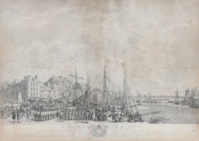 Jacques Philippe Le Bas (1707-1783) & Charles Nicolas Cochin den yngre (1715-90) efter J. Martin: 'Le port et la ville du Havre', radering, 1776