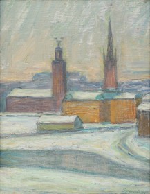 Gunnar Spendrup (1900-1985): Vinterparti fra Stockholm med udsigt til Stadshuset og Riddarholmen Kirke, olie på lærred (CD)