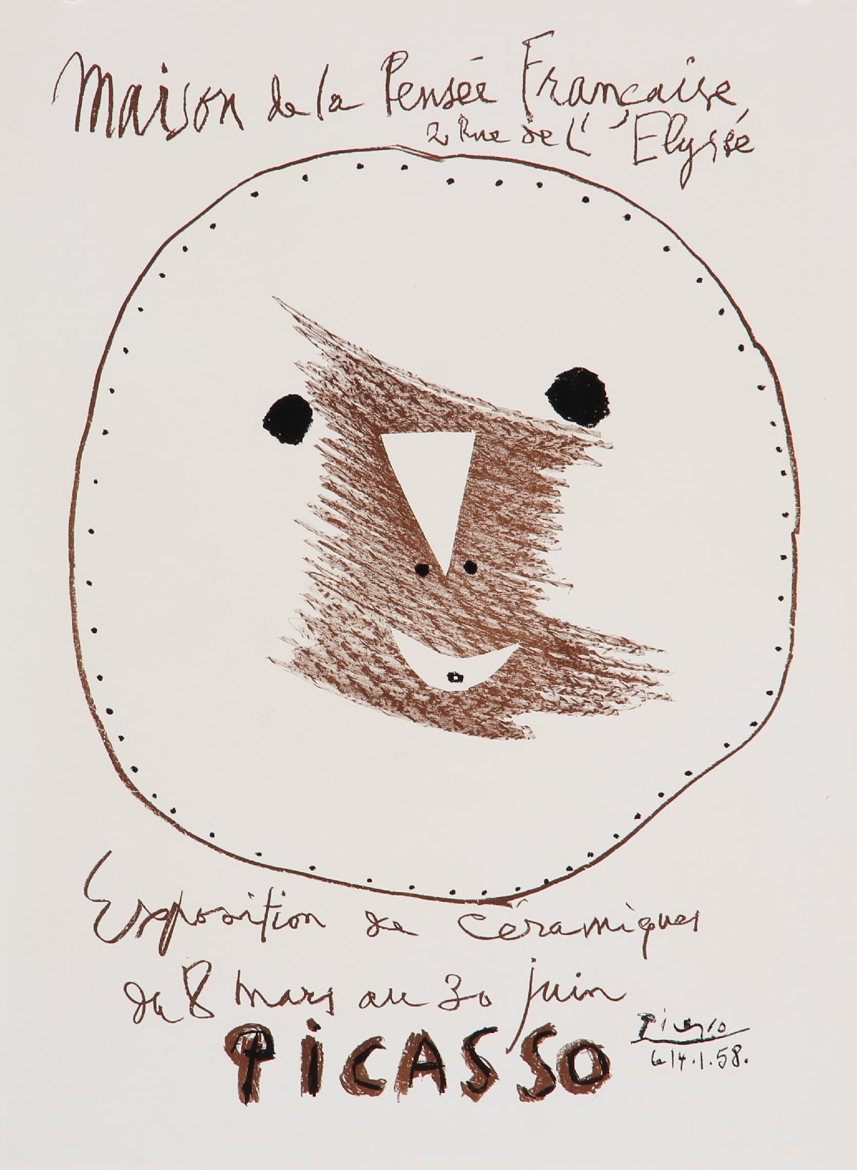 Pablo Picasso. Lithographic exhibition poster, 'Exposition de Céramiques', 1st version, 1958