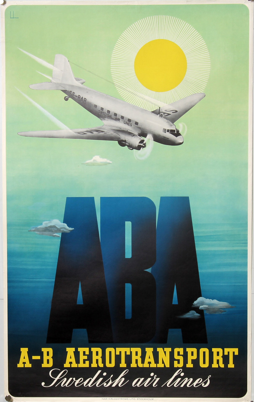 Anders Beckman. Vintage Swedish airline and tourism poster 'ABA A-B ...