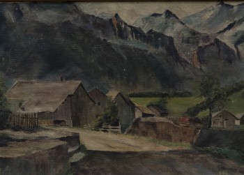 Ubekendt kunstner. Olie på lærred. landsby med bjerge i baggrunden