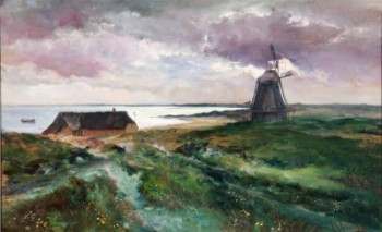 Carl Christian Feddersen. Coastal scene with mill, Munkmarsch Sylt 1923