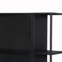 Display cabinet in black painted perforated metal.