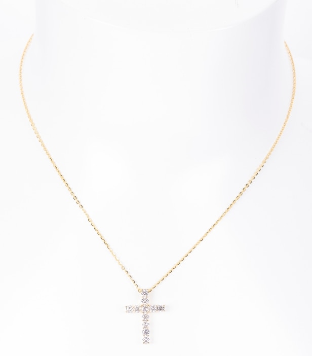 Cross pendant with lab-created diamonds, approx. 1.00 ct, with 14 kt necklace