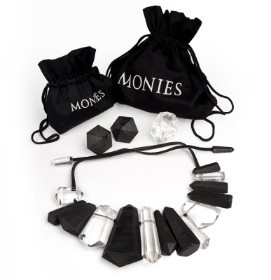 MONIES. Eye-catching necklace, ear clip and ring of textured kamagong wood, clear acrylic and leather (4)