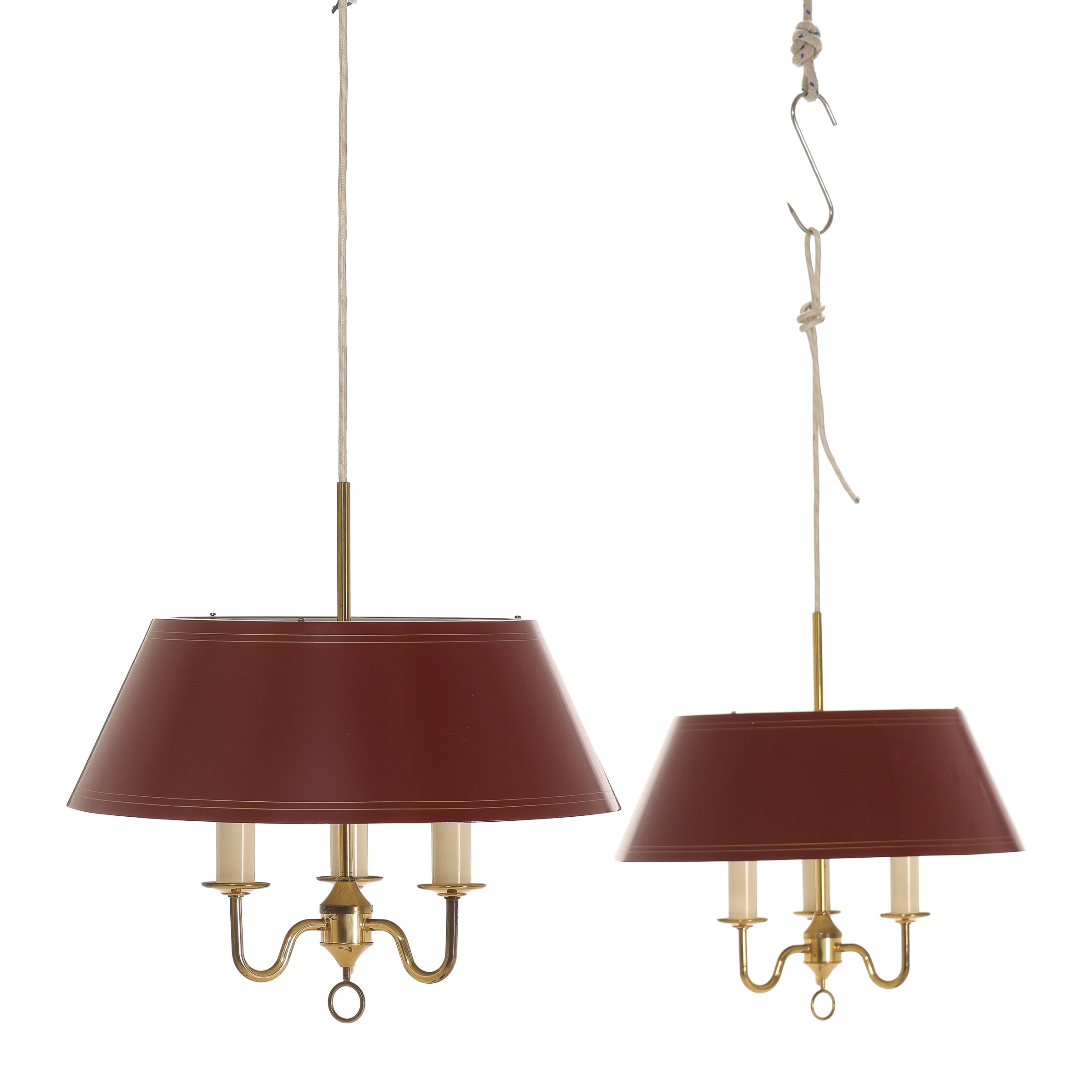 A pair of brass pendants with red lacquered metal shades (2)