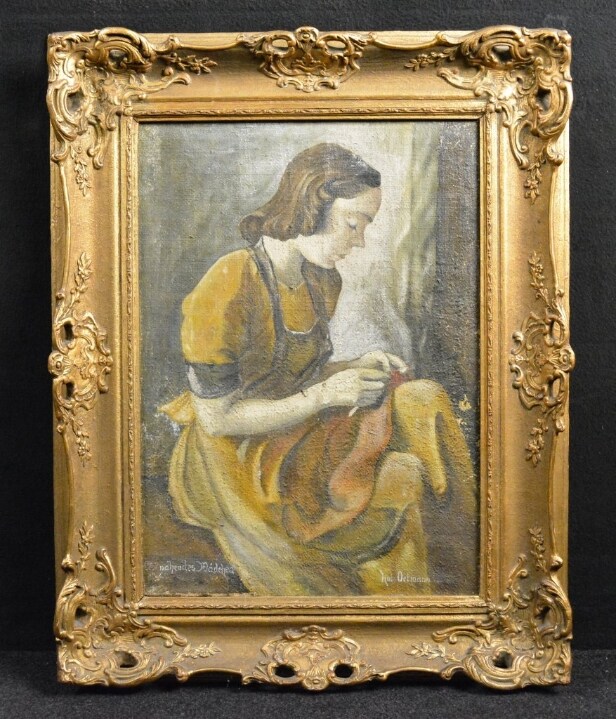 Ölgemälde, Hubert Ortmann, 'nähendes Mädchen'