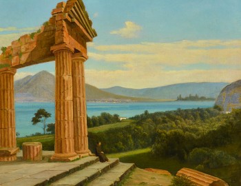 Thorald Brendstrup. Italiensk landskab med munk siddende ved søjlerne af græsk tempelruin