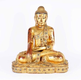 Large seated Buddha of carved and painted wood.