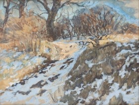 Oscar Bojesen (1879-1930) : Vinterlandskab, gouache på papir