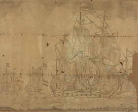 Anthonie de Winter, efter Johannes van Keulen. Maritim scene med hollandske skibe i høj sø