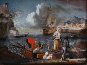 Ubekendt kunstner, 1700-tallet. Hinterglasmaleri, parti fra en klippekyst med personer og skibe, i baggrunden by