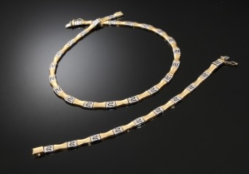 Halskæde og armbånd i tofarvet 14 kt guld, 43 gram  (2)