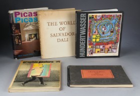 A collection of art books: Hundertwasser, Dali, Picasso, Kjeld Heltoft and others. (5)