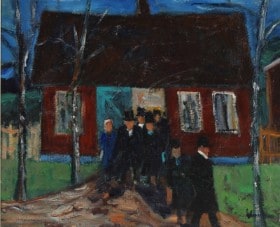 Mogens Vantore (1895-1977). Begravelsesfølge forlader hus. Olie på lærred