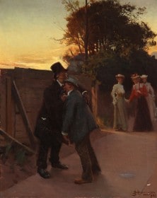 Erik Henningsen. Sommeraften med to berusede herrer, der støtter sig til hinanden, i baggrunden er tre damer stoppet op ved synet, 1902