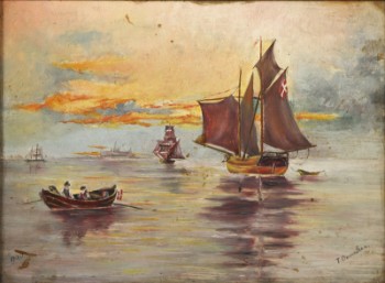 T. Dencker, 18/1900-tallet. Marinemotiv med Kronborg i baggrunden