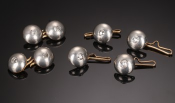Samling vintage brystknapper med diamanter og manchetknapper af sølv og 14 kt. guldguld  (6)