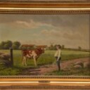 Alfred Larsen. Dansk sommelandskab med dreng og tyrekalv. Olie på lærred