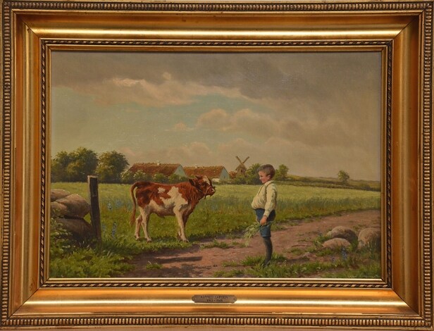 Alfred Larsen. Dansk sommelandskab med dreng og tyrekalv. Olie på lærred