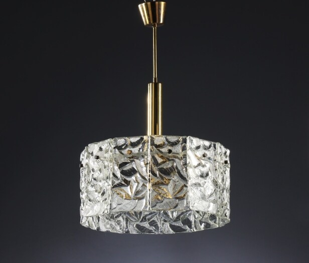 Chandelier from the 70s of frosted glass and brass