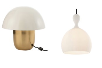 Halo Design pendel - Dueodde - Opalglas. Ø 30 samt Jolipa bordlampe - Mushroom S - Messing/hvid (2)