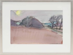 Ulrik Hoff (1938-2023): Sunset over hilly landscape, watercolor 1993.