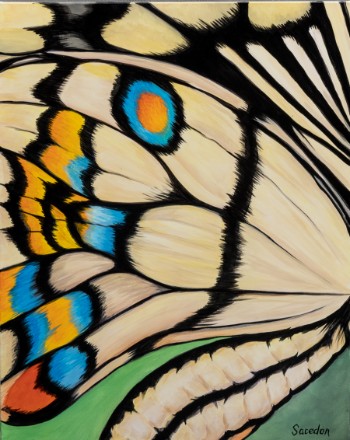 Sacedon, komposition med sommerfugl. Akryl på lærred