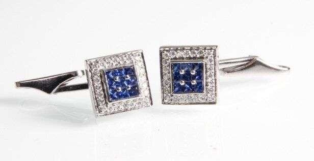 Pair of white gold cufflinks with diamonds and sapphires (2)
