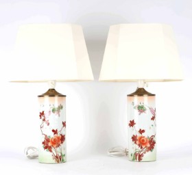 A pair of Chinese lamps decorated in red and gold with flowers, eight-sided shades