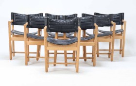 Ditte & Adrian Heath for FDB: A set of seven armchairs in oak and black leather, 1970s (7)