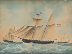 Unknown artist, 1842: Ship portrait, Amon Emil Amondsen, watercolor and ink on paper.