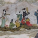 Chinese two-sided porcelain painting mounted in a carved wooden frame on a foot