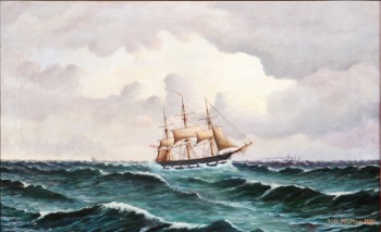 Dansk maler, 1800-tallet. Tremastet sejlskib på åbent hav