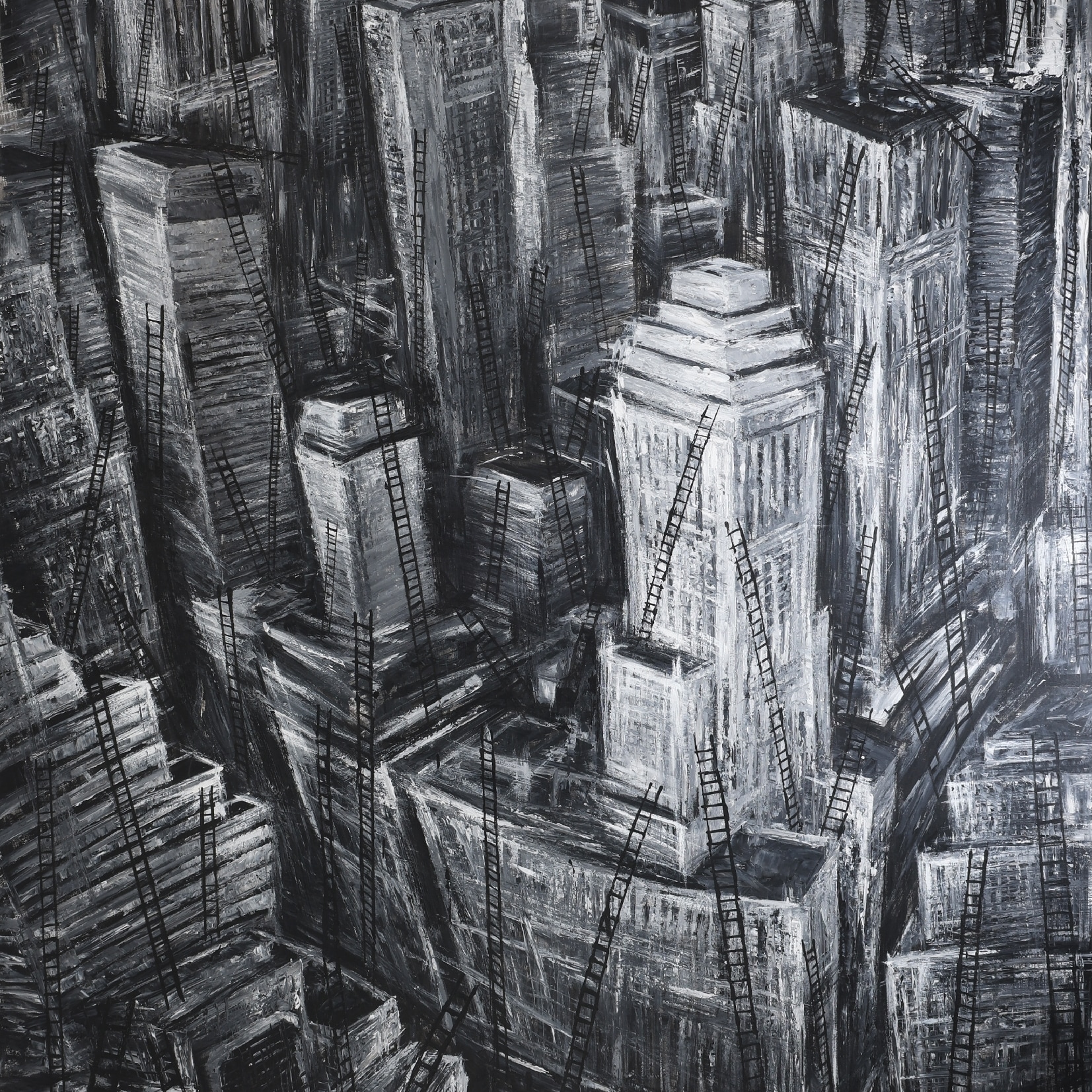 Marco Evaristti (1963-): 'Storby-Landskab', grisaille maleri. | Lauritz.com